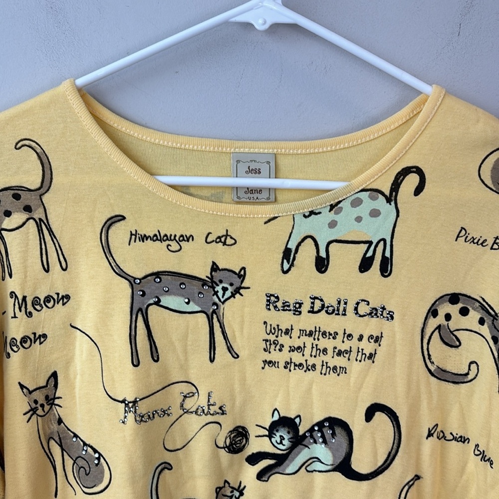 Jess & Jane yellow cat art long sleeve shirt women size medium - Picture 2 of 6